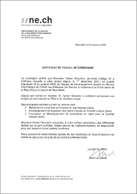Certificat de travail Service Informatique de l'Entité Neuchâteloise