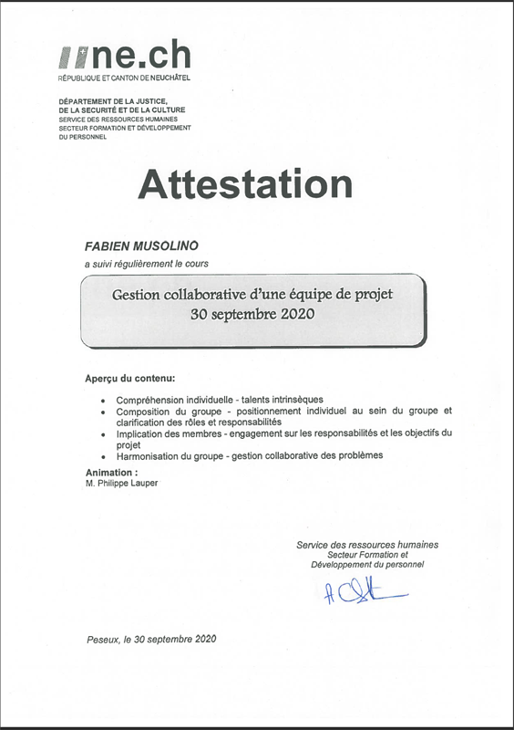 Attestation de cours Gestion collaborative