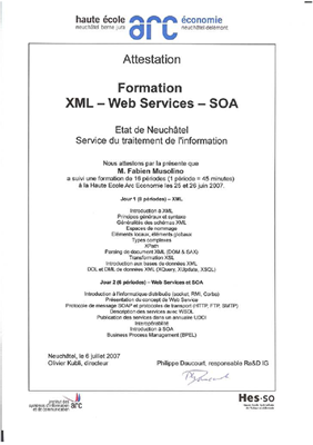 Attestation de cours XML, Web Services et SOA